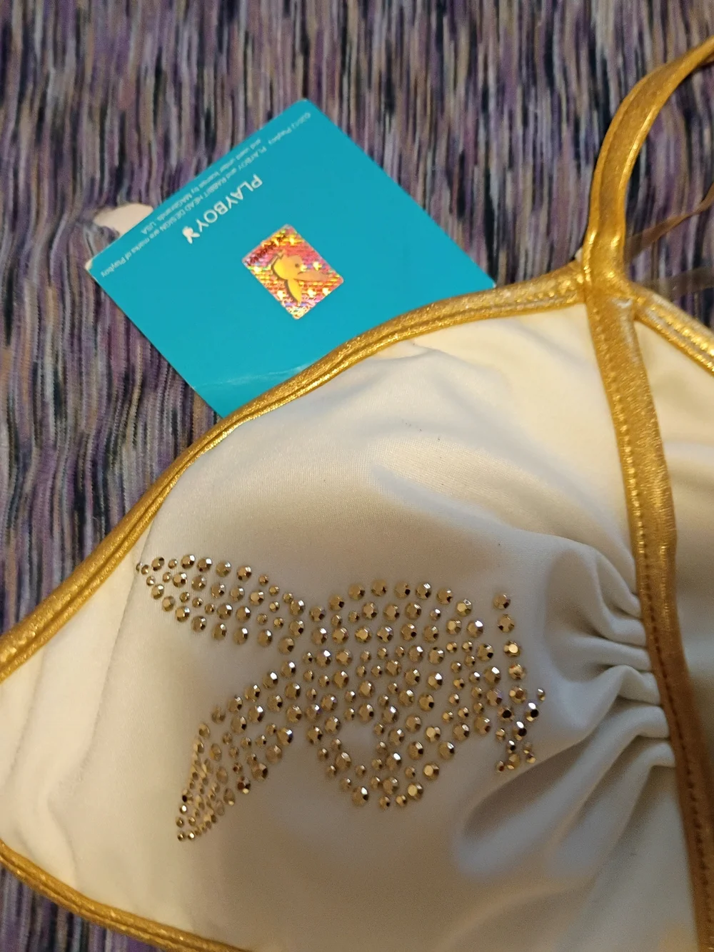 PLAYBOY White One-Piece Swimsuit with Gold Trim and Crystal Bunny